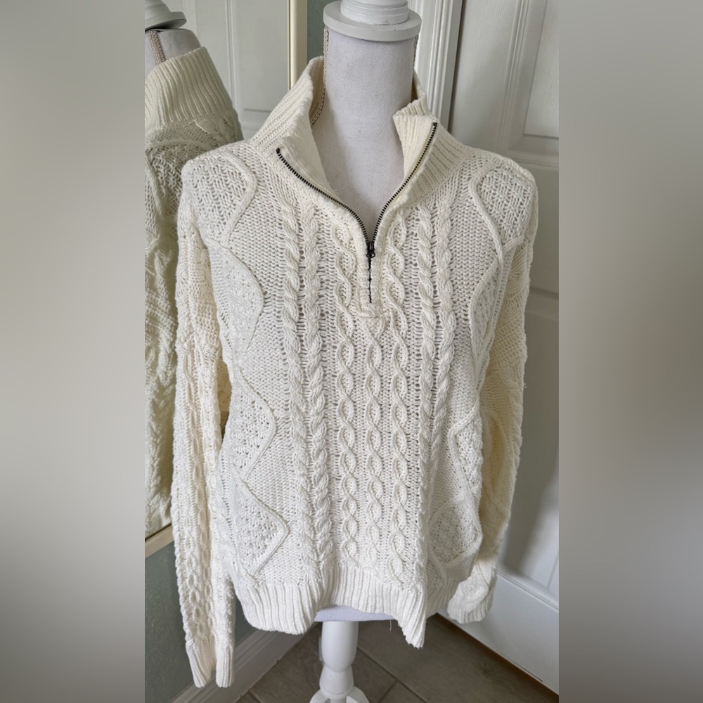 Lucky Brand Ivory Cable Knit Quarter Zip Sweater Size L Cotton Blend